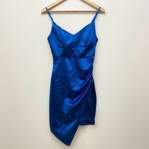 Blue Satin Ruched Wedding Guest Mini Dress